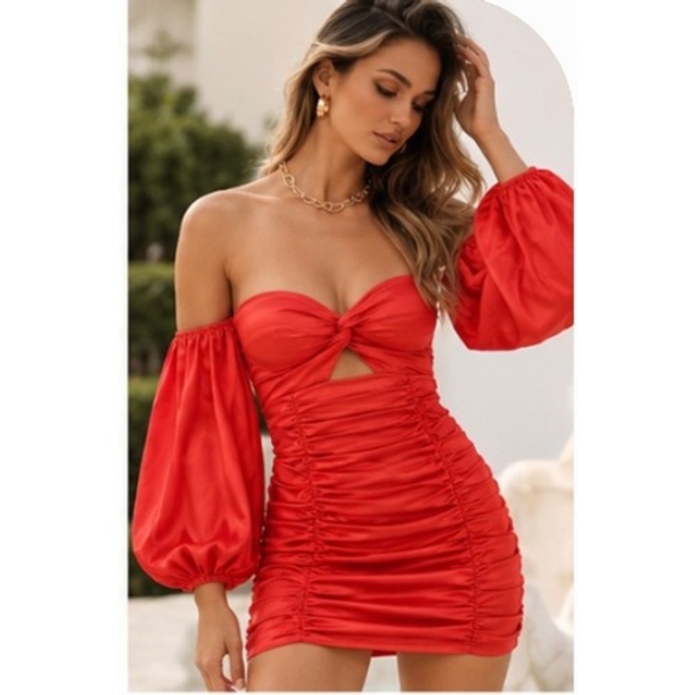Runaway The Label Jones Dress Size XS Red Ruched Balloon Sleeve NEW Mini Dress